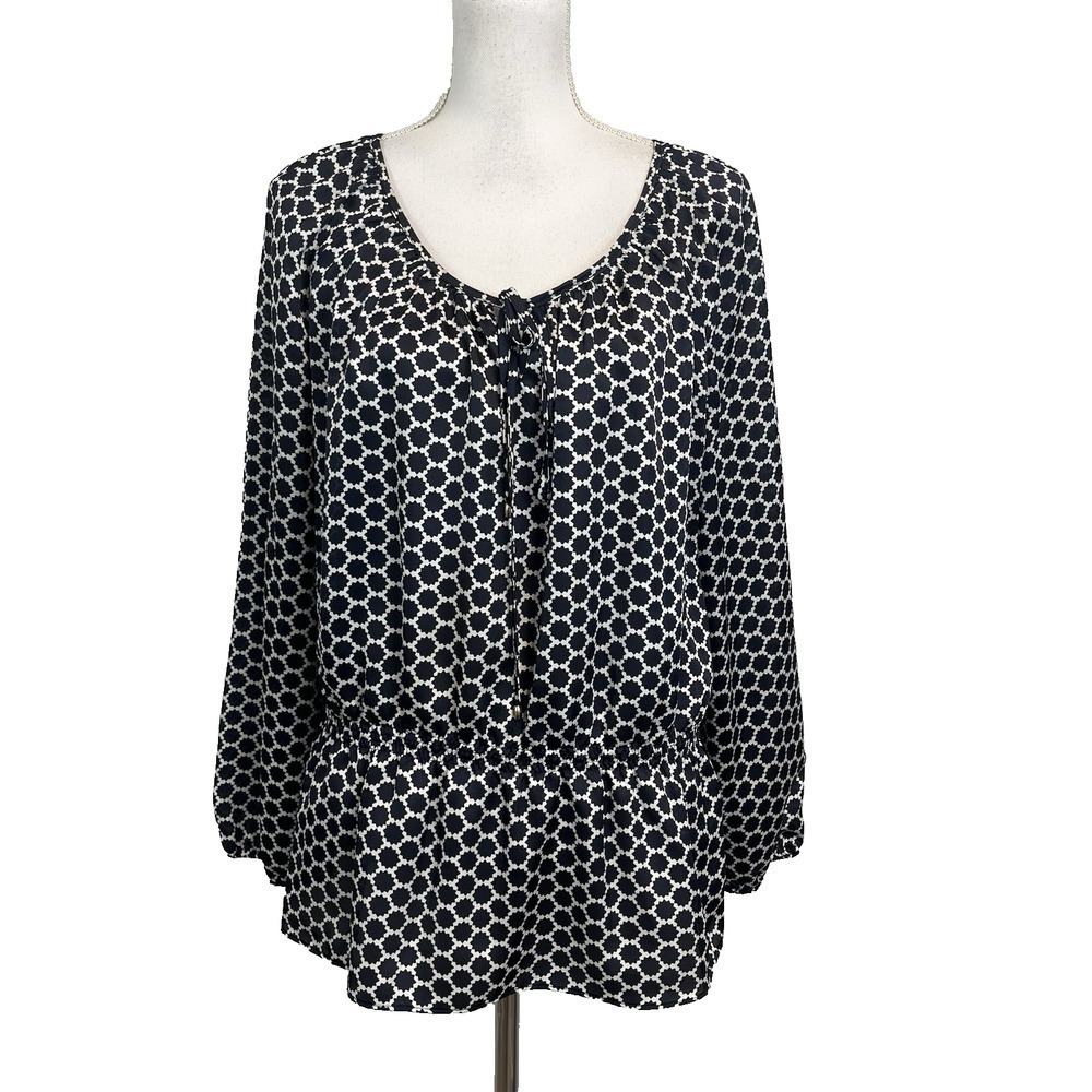 Charter Blouse Top sz Large Black White Boho Peasant Stars Career Casual Modest